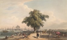 Town and Port of Calcutta,1848.The tree in the centre conveniently divides the view into the Esplanade with its grand buildings, on the right, and the ships on the Hooghly river, on the left. The whole scene portrays the liveliness and prosperity of Calcutta at the time.  A coloured lithograph by Sir Charles D'Oyly.