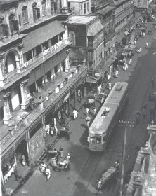 From Nahkoda Mosque on street activity Calcutta 1944. Note brick blast walls to protect from potential bomb damage